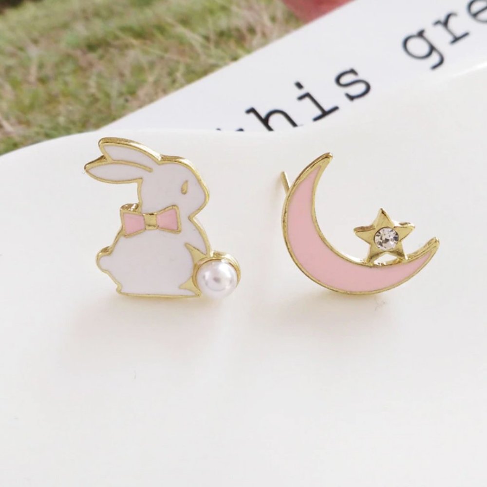 Sweet Moon Rabbit Earrings - Pink
